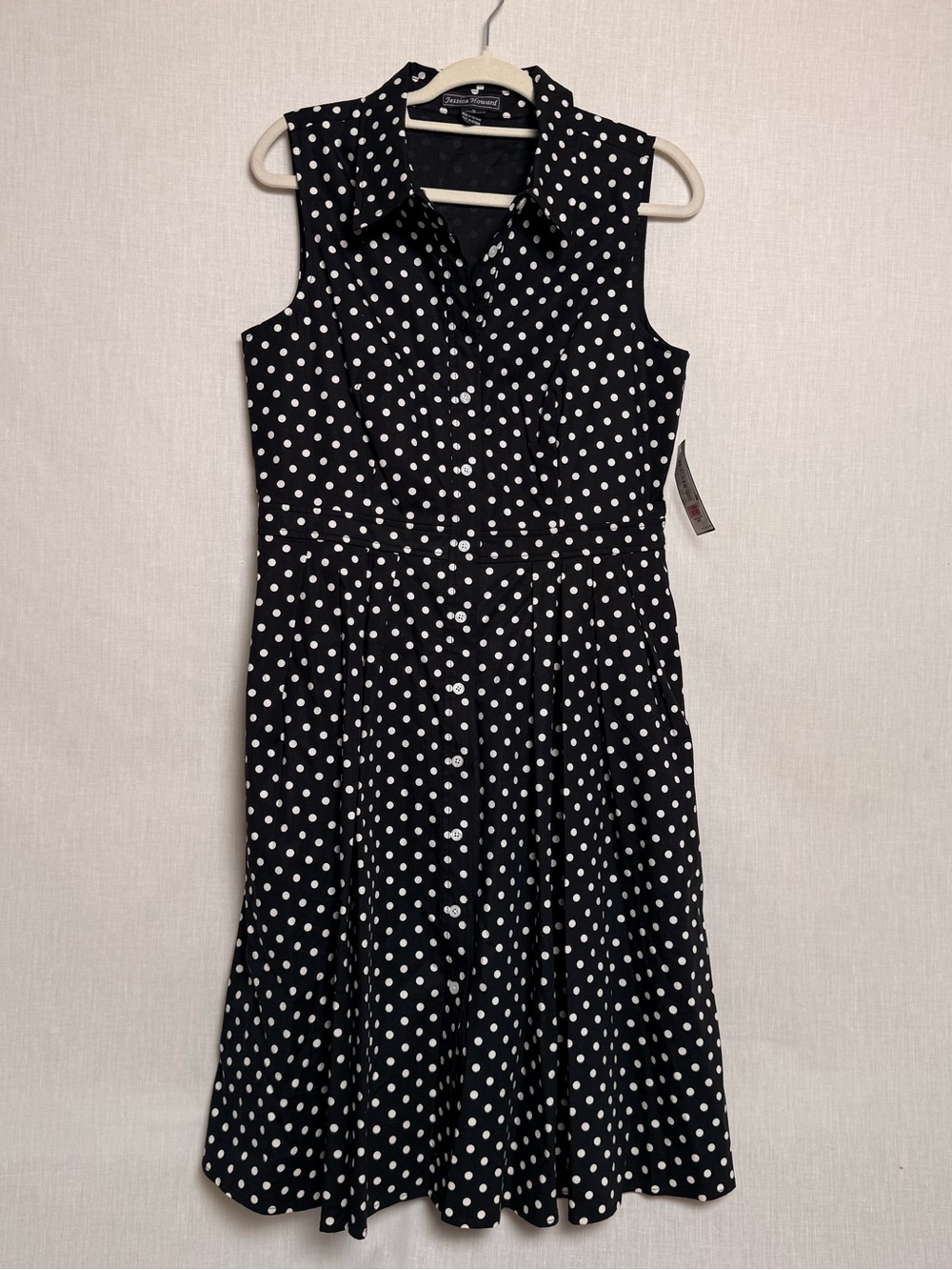 Jessica Howard Dress Womens 12 Black White Polka Dot Sleeveless Shirt Dress NWT